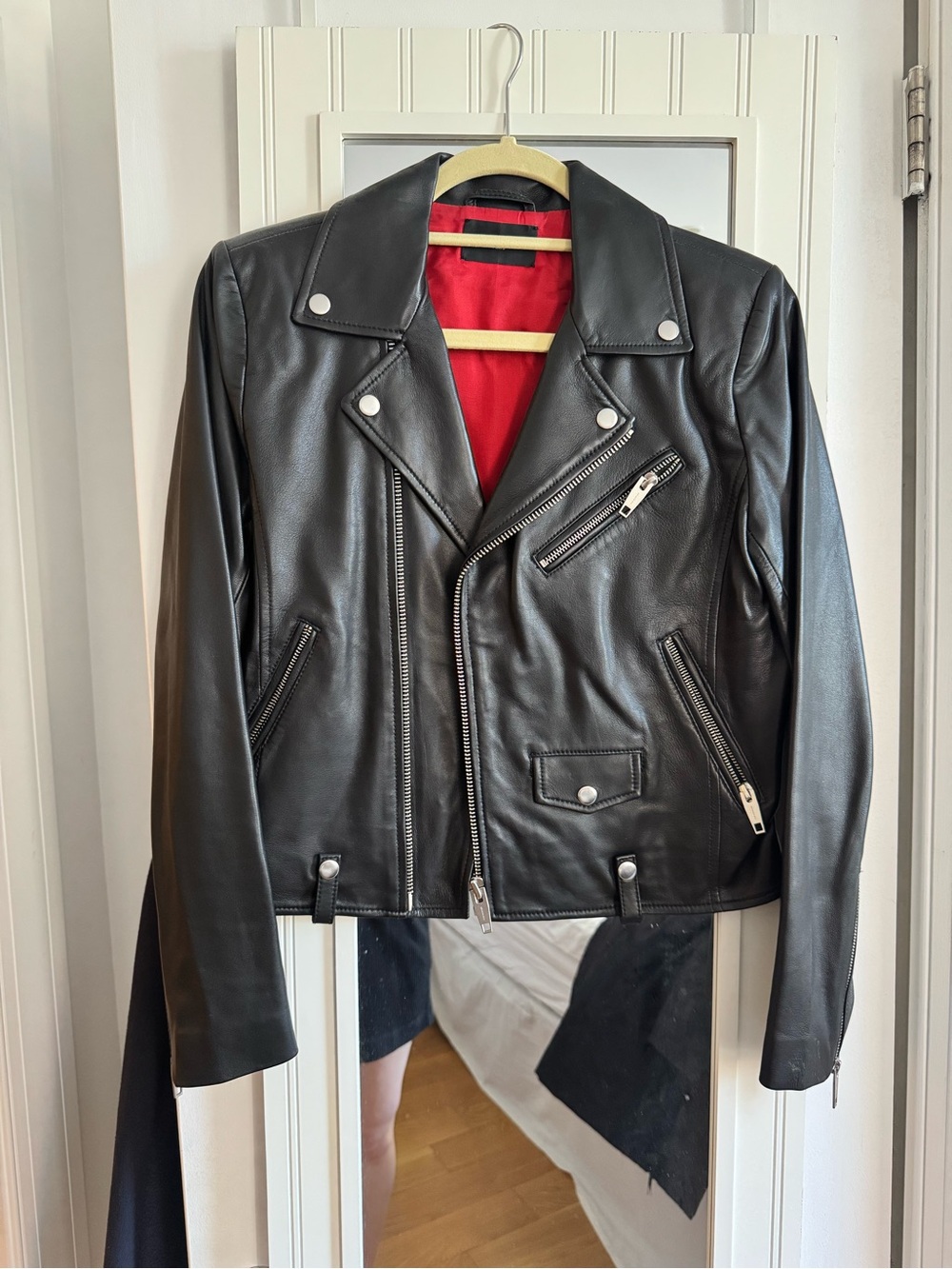 NWOT The Kooples Black Lamb Leather Moto Jacket with Red Lining